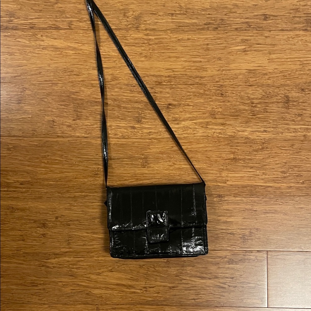 Sleek Black patent genuine Eel Skin Embossed Crossbody Bag
